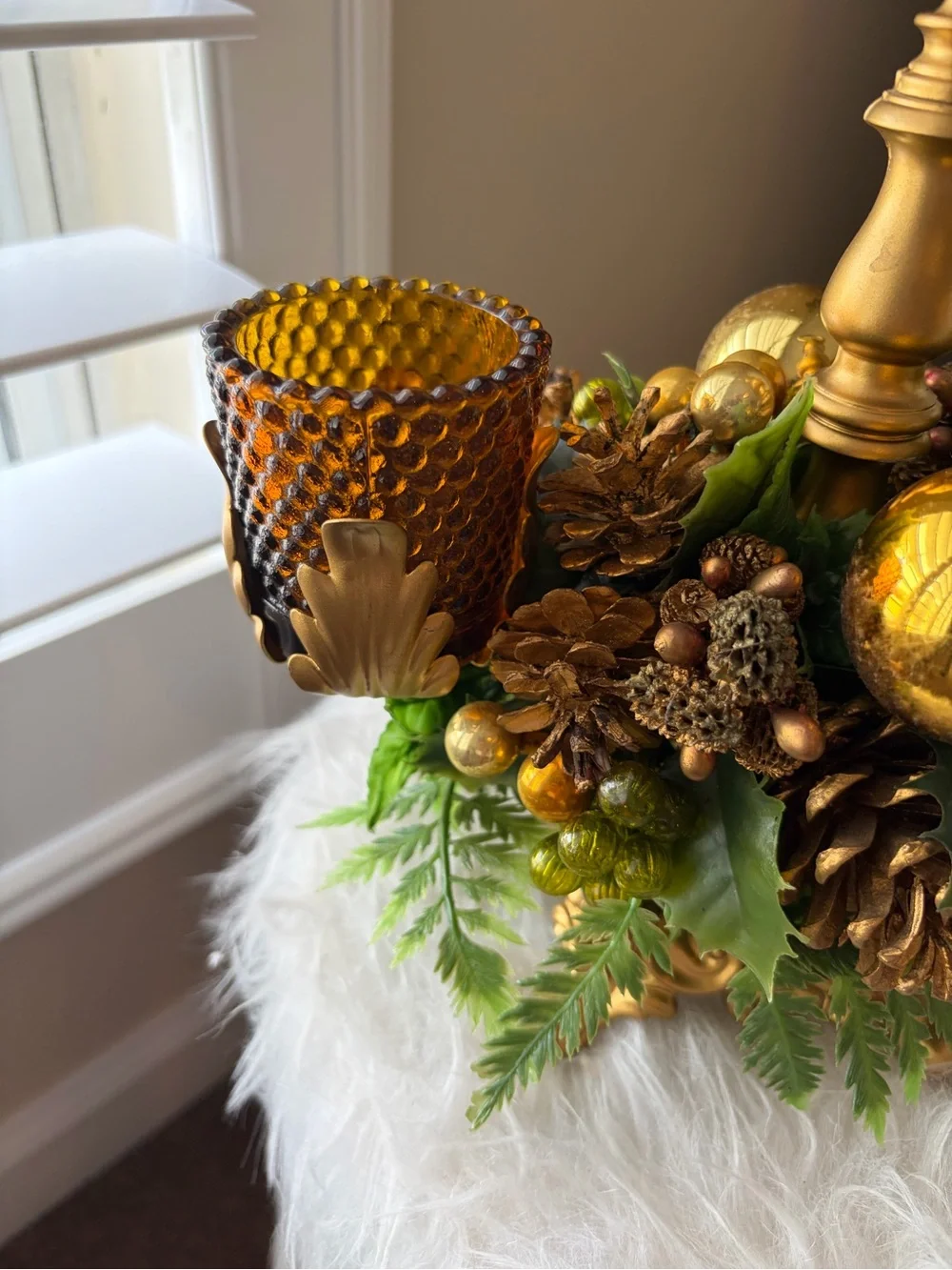 Vintage Gold Holiday Centerpiece with Amber Glass Candleholders